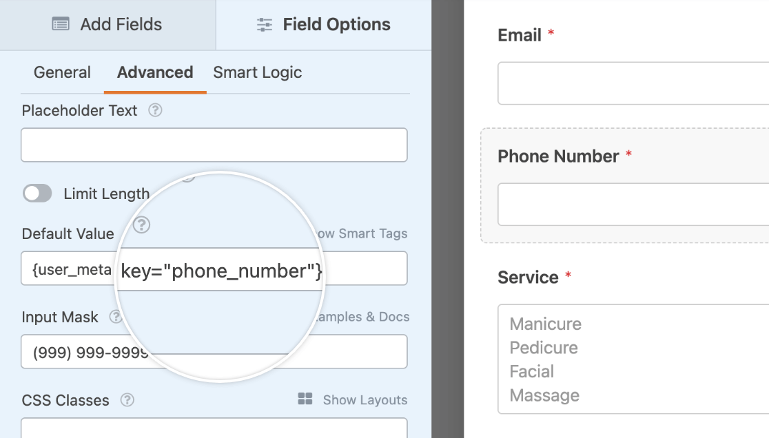 Inserimento dello smart tag {user_meta} per un campo personalizzato Numero di telefono